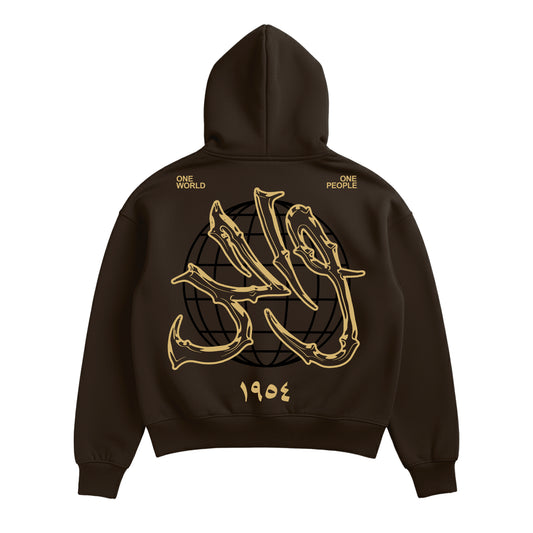 Wahid Mocha graphic hoodie, back view with gold artwork