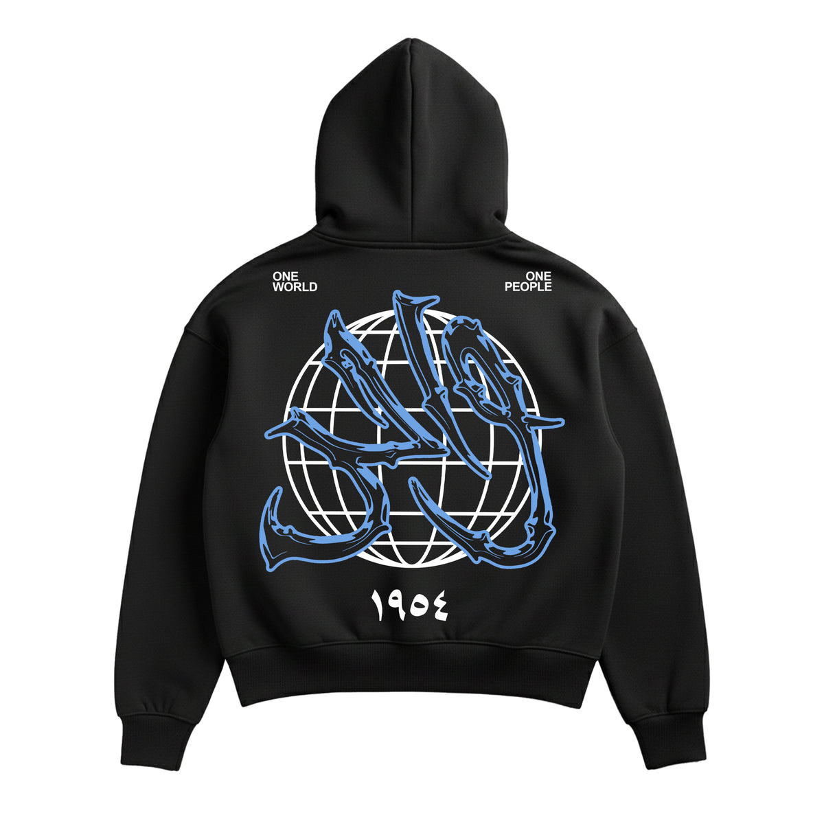 Wahid Black Forest graphic hoodie, back view with blue and white artwork