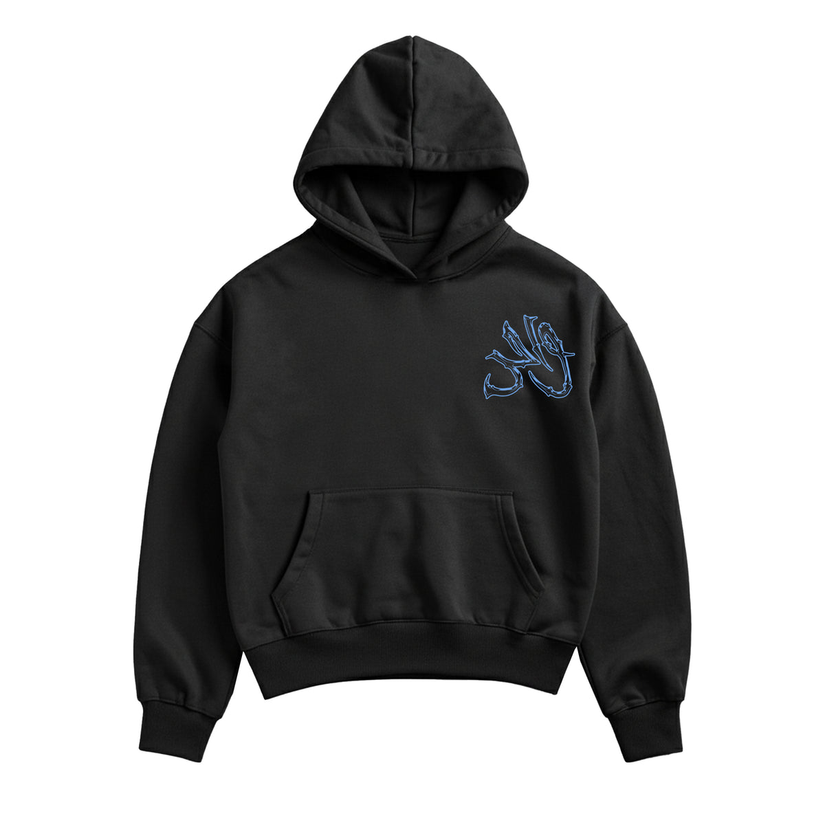 Wahid Black Forest graphic hoodie, front view in black