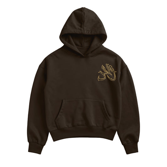 Wahid Mocha graphic hoodie, front view in dark brown