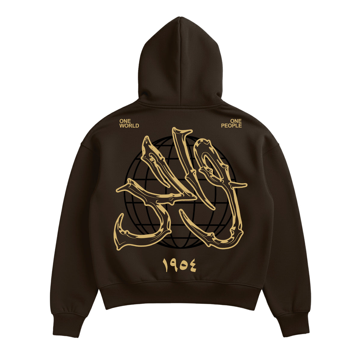 Wahid Mocha graphic hoodie, back view with gold artwork