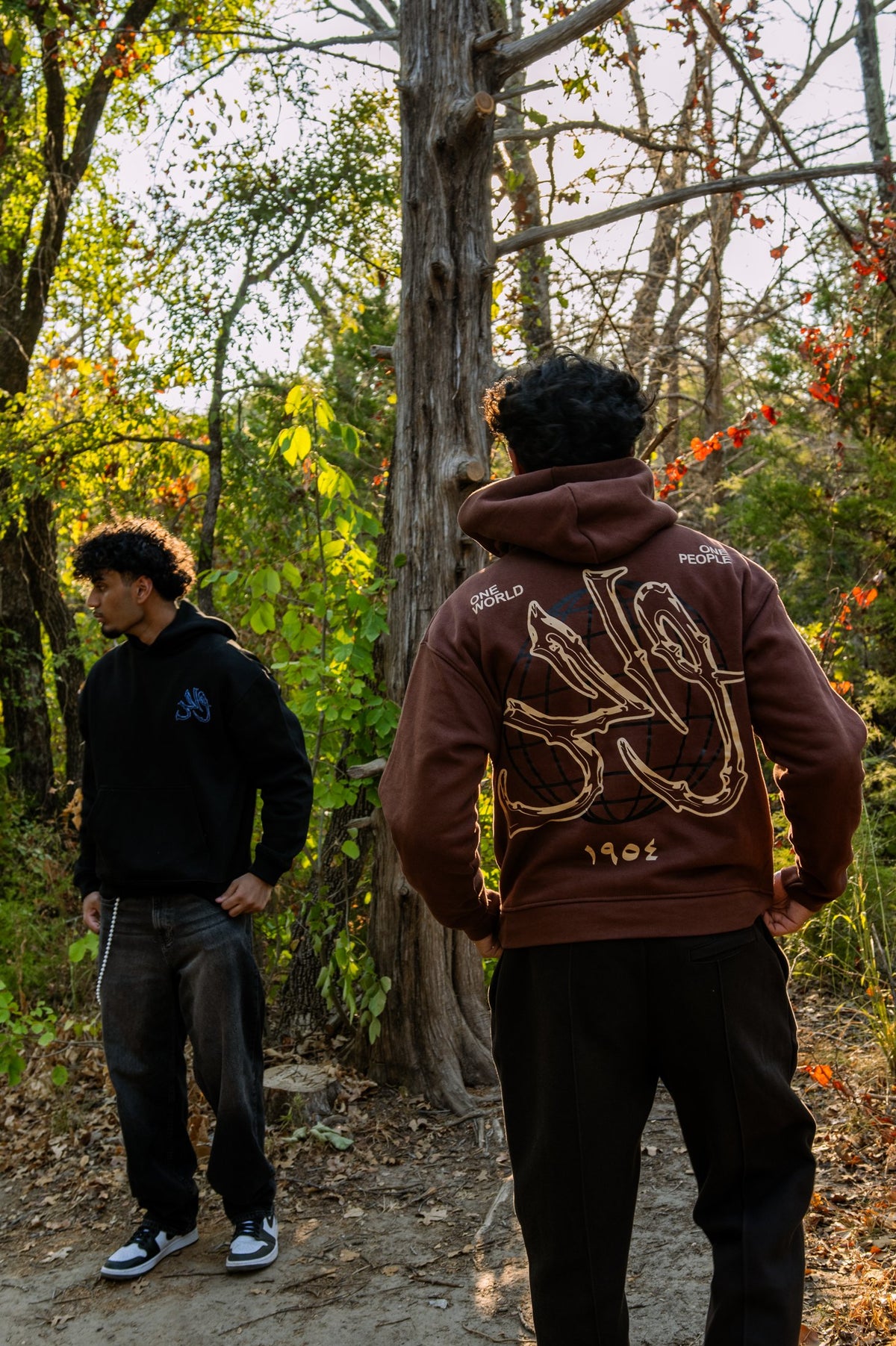Back graphic of the mocha Wahid hoodie worn outdoors